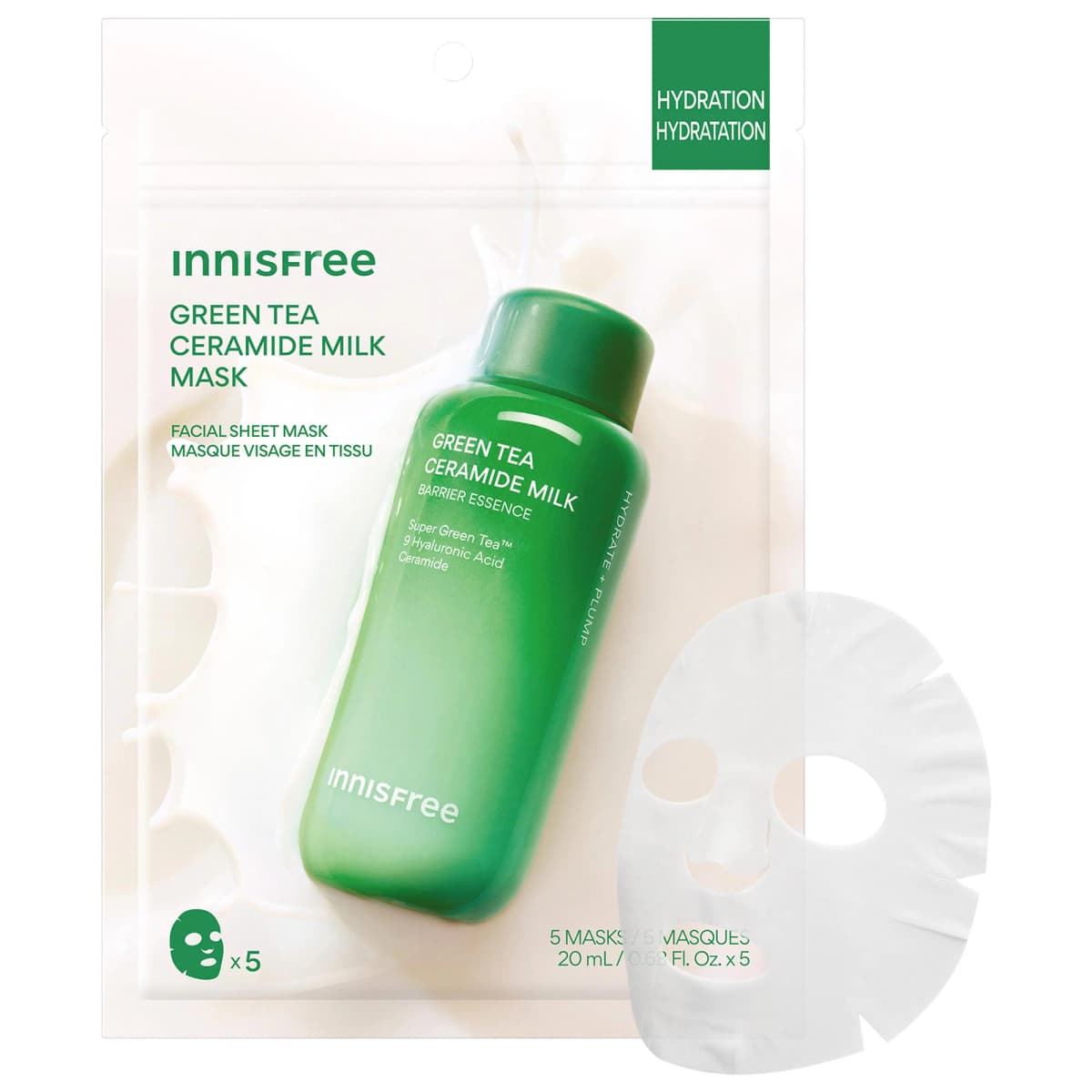 Green Tea Korean Ceramide Milk Sheet Mask 5-Pack for Hydration & Barrier Repair