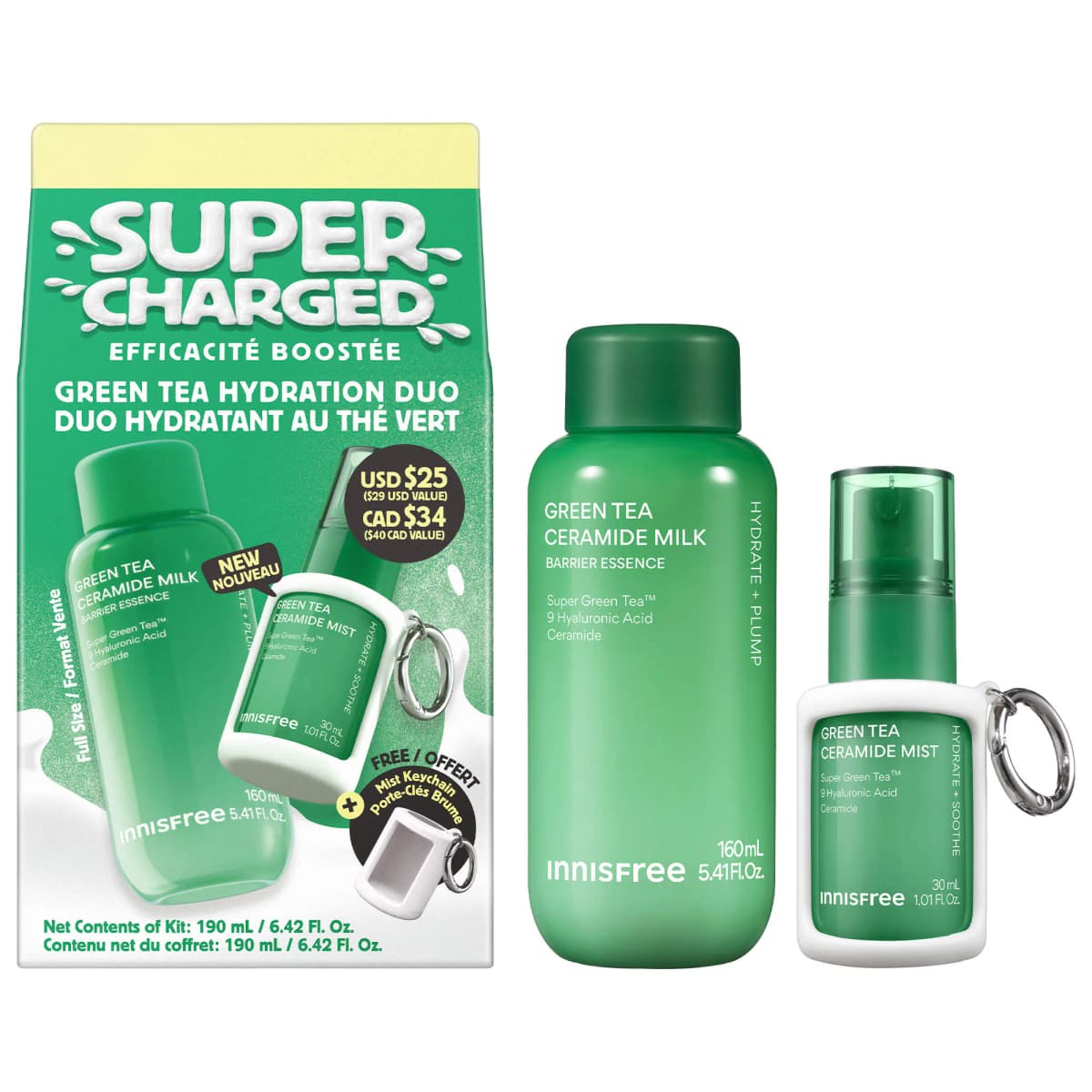 Ensemble-cadeau Supercharged avec thé vert coréen Jeju et acide hyaluronique pour réparer la barrière
